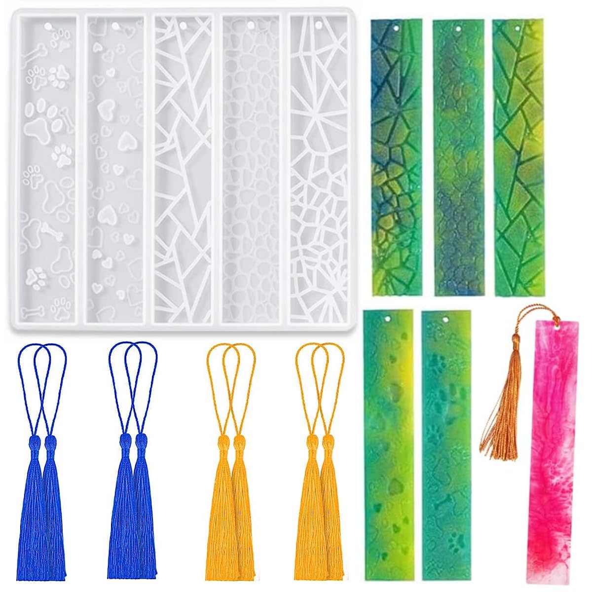 HASTHIP Bookmark Resin Mold for DIY Crafts with Heart Embossing and 8 Tassels | Flexible Silicone
