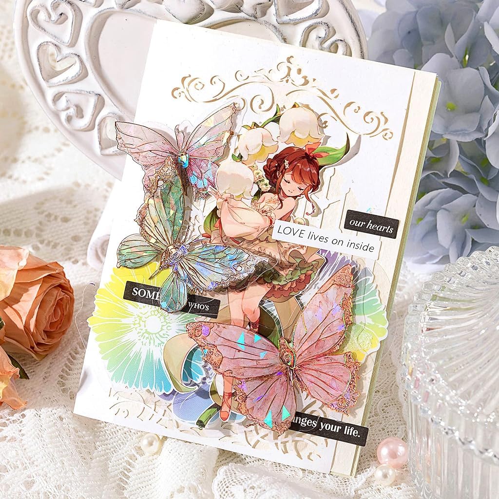 HASTHIP® Butterfly Stickers Set (80pcs) & 6 Rolls Floral Washi Tape Combo – Holographic Waterproof Scrapbooking, Journaling, Planner, DIY Art, Craft, Transparent Resin & PET Decorative Tapes