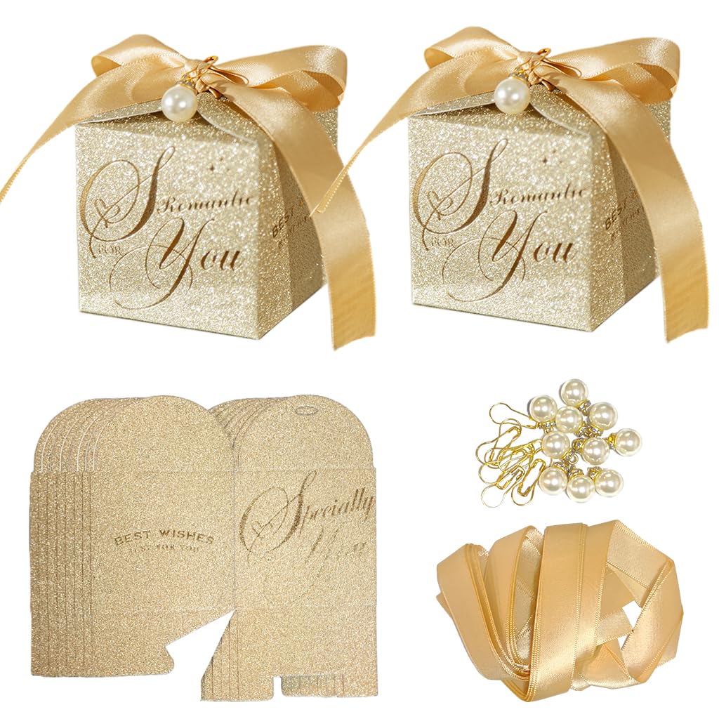 HASTHIP Small Gift Boxes for Wedding and Party Favors with Ribbon & Pearl Pin | 10pcs Gold Embossed 6.5×6.5cm Paper Boxes