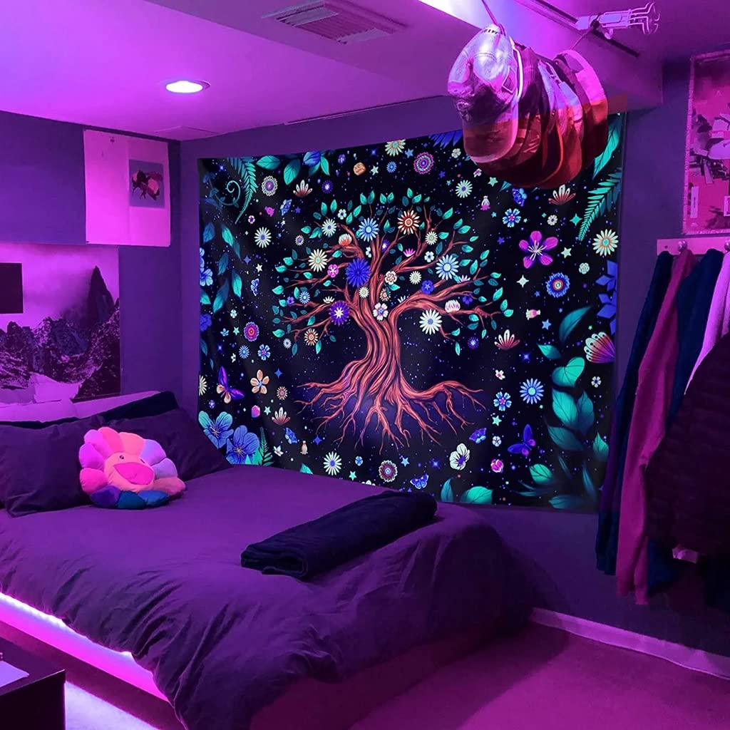 HASTHIP Tree of Life Tapestry for Wall Decor featuring UV Light Reactive Glow | 51in x 59in 2PCS