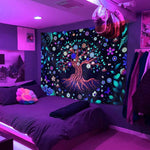 UV Luminous Tree of Life Tapestry, Fantastic Flowers Tapestry Glow In The Dark, UV Reactive Black Light Tapestries Posters Wall Hanging for Bedroom Dorm Living Room Decor (51inch x 59inch)