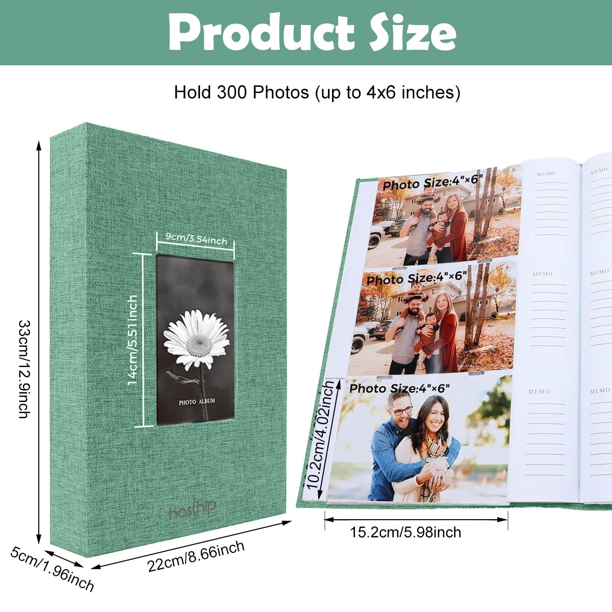 HASTHIP Photo Album for Family Memories with 300 Pockets Linen Hardcover | Baby Travel Keepsake