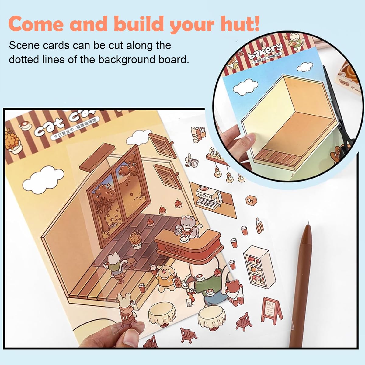 HASTHIP® 4 Sets DIY 3D House Stickers with Tweezer, Cute Cartoon Scene Stickers, Fun DIY Stickers Scene Make Your Own Supermarket Coffee Shop Restaurant Bookstore for Adult Kids Relief Stress