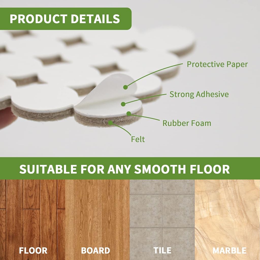 HASTHIP® 80Pcs Felt Furniture Pads for Chair & Table Legs - 3 Sizes Round Floor Protectors 2/3/4cm - Self-Adhesive, Non-Slip, Anti-Scratch, Noise Reduction Felt Pads for Hardwood & Tile
