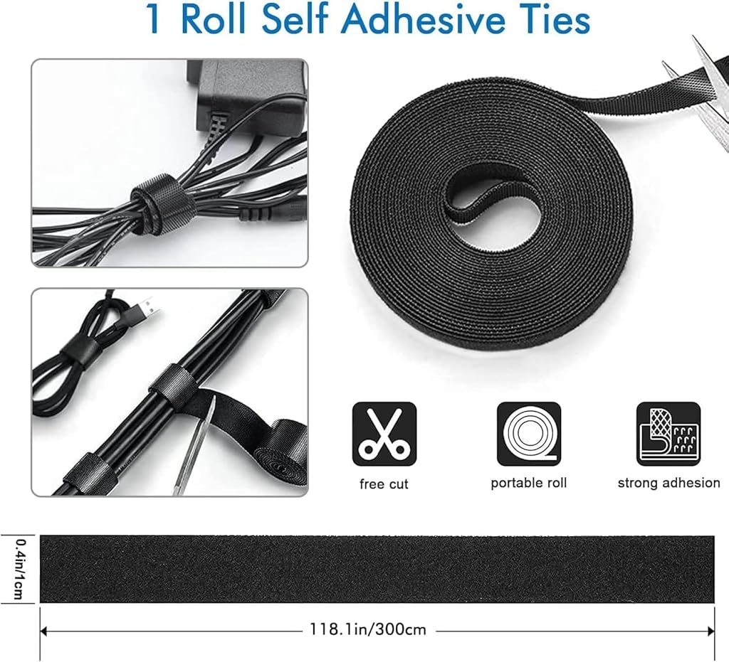 HASTHIP® Cable Management Kit |146Pcs Tidy for Home Office Under Desk- 100 Wire Organizer Ties, 5 Upgrade Silicone Holder, 2 Sleeve, 28 Adhesive Clips, 1 Roll Organiser Straps etc, Black