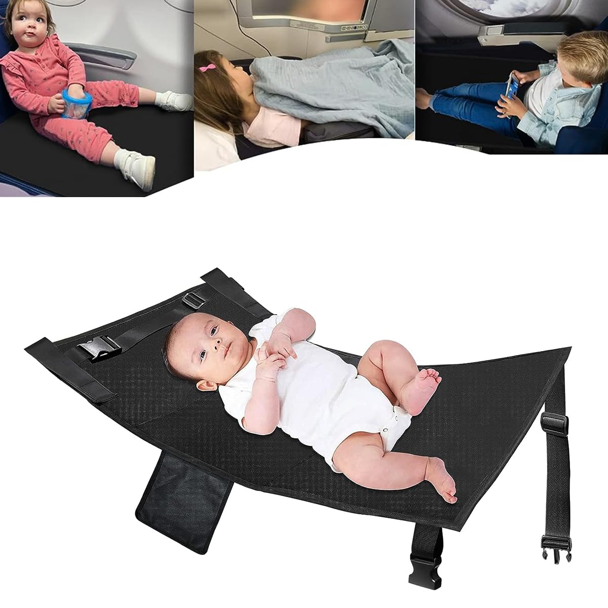 Airplane Footrest Kids Bed, Airplane Foot Hammock for Baby Toddler with Anti-Slip Design, Baby Car Bed Airplane Seat Extender for Kids, Portable Baby Travel Accessories, 78 * 43cm (Black)