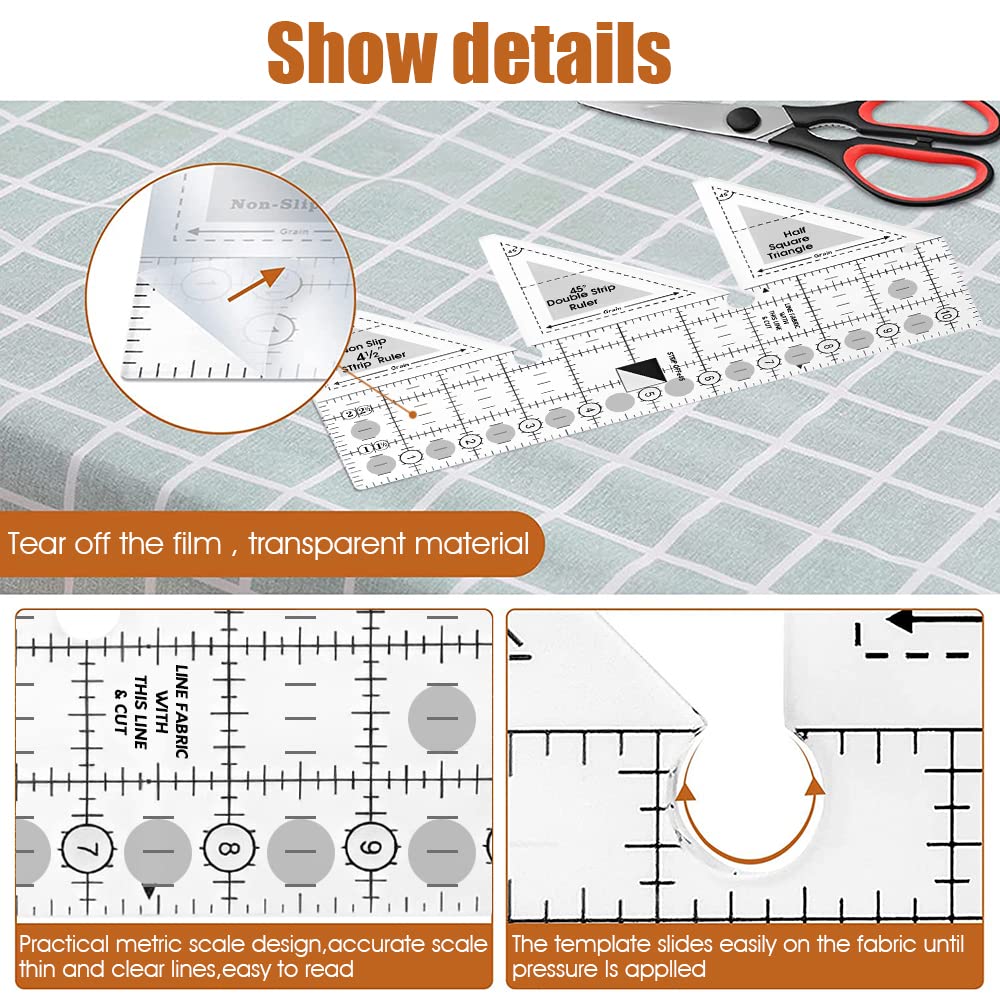 45° Double Strip Ruler, Strip Tube Quilting Ruler, Acrylic Quilt Rulers, Non-Slip Quarter Square Triangle Cutting Guide for Sewing (10 inch)