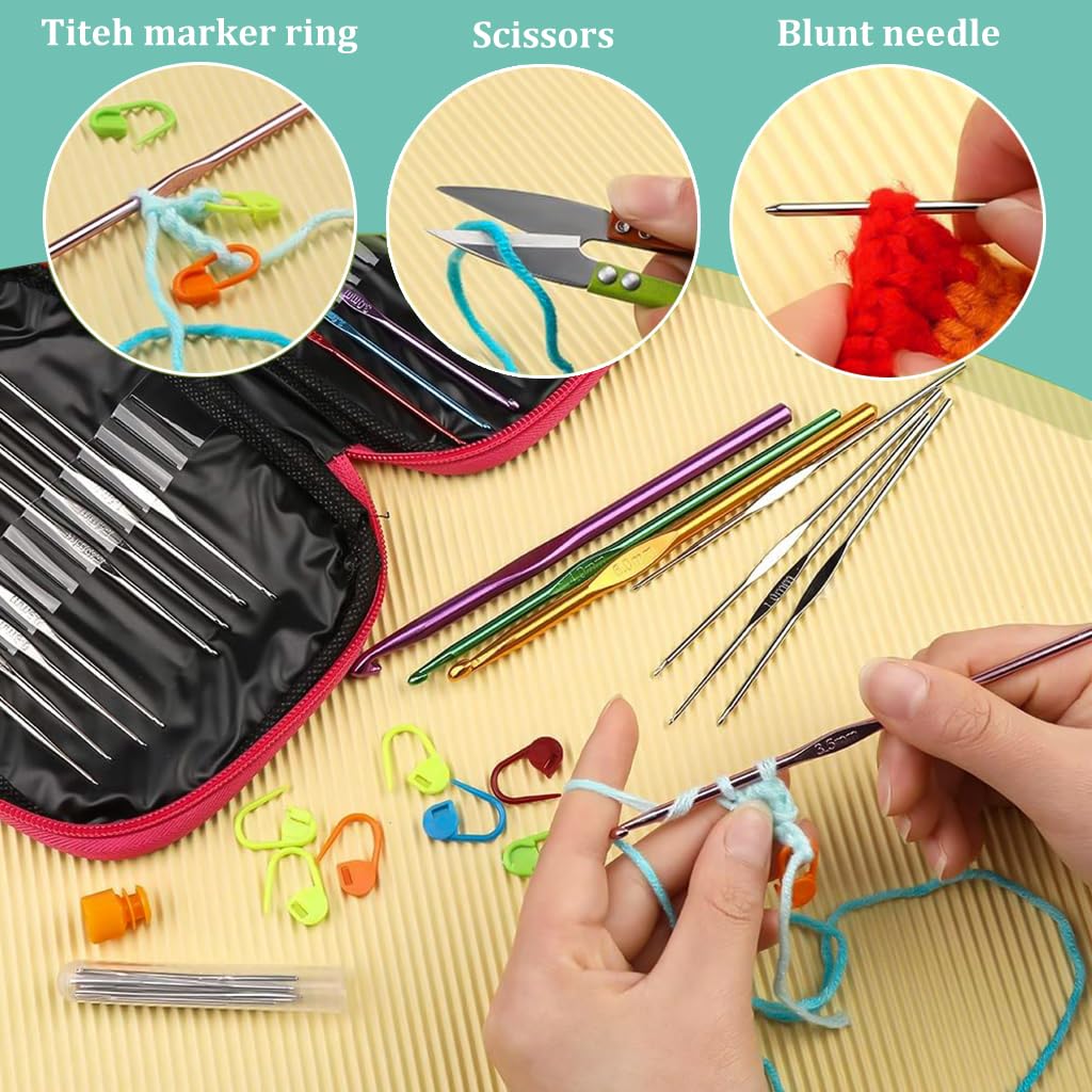 Aluminium 54Pcs Crochet Needles Set,Ergonomic Crochet Hooks Kit With Storage Case,Crochet Hooks Needles Set Stitch Marker Diy Craft Hand Knitting Craft Art Tools For Beginners,Assorted