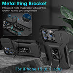 HASTHIP® Folding Phone Ring Grip & Sliding Camera Cover for iPhone 15, 6.1 Inch - Slim, Durable, Anti-Scratch, Shockproof Case with Kickstand - Multifunctional and Fashionable Design, Black