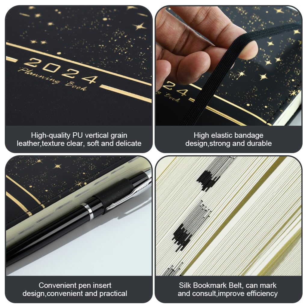 HASTHIP® 2024 Daily Planner, A5 Daily Diary, PU Leather Cover, Pen, Refill & Gift Box, Yearly, Monthly, Daily Planner Diary, Star Golden Embossing Cover Design Daily Planner, Gift for Kids Students