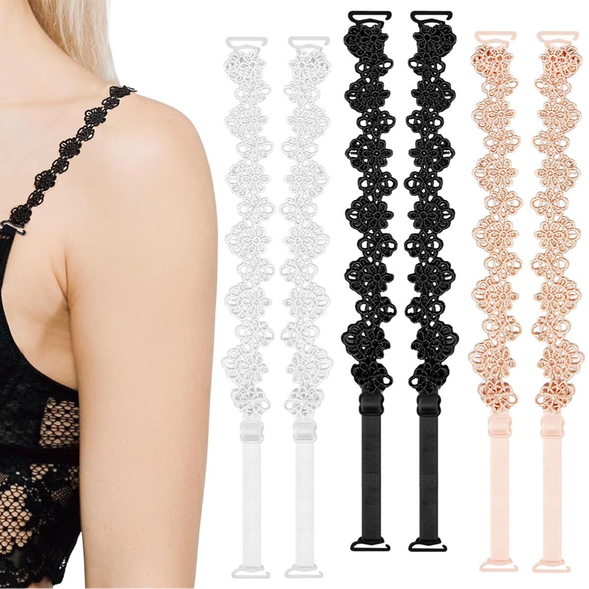 HASTHIP® Correas de Sujetador Ajustables de Encaje Floral,3 Pares Correas Elásticas Repuesto para Sujetador,Cómodas Suaves y Elegantes Accesorios Moda para Vestido Blusa o
