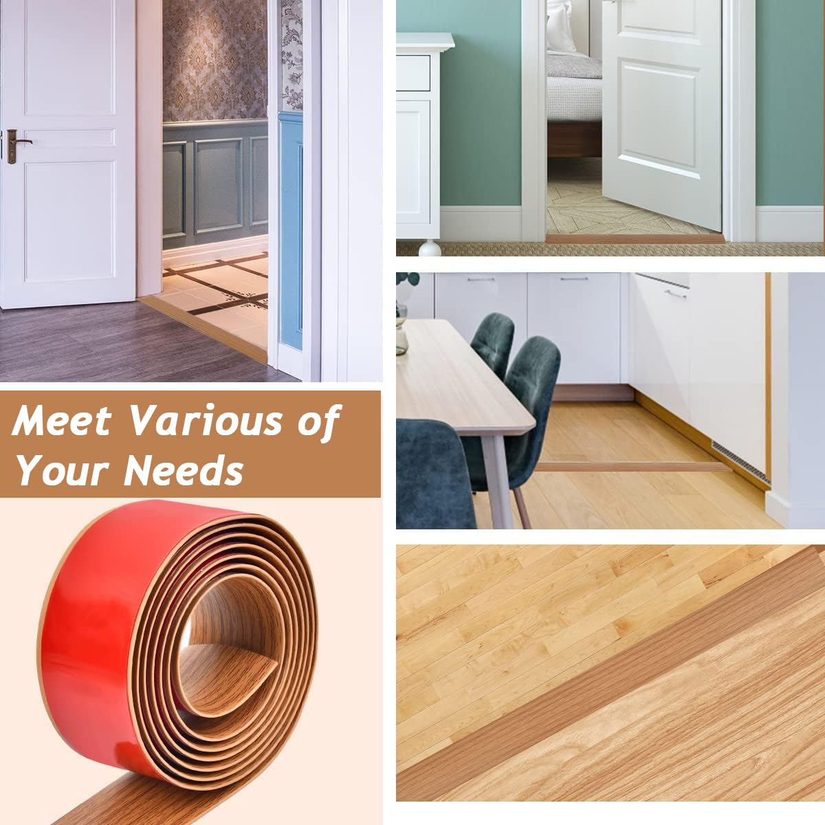 HASTHIP Floor Transition Strip for Joining Floor Gaps with Self Adhesive PVC 47.2 x 1.57 in Wood Color | Easy Trim Fit