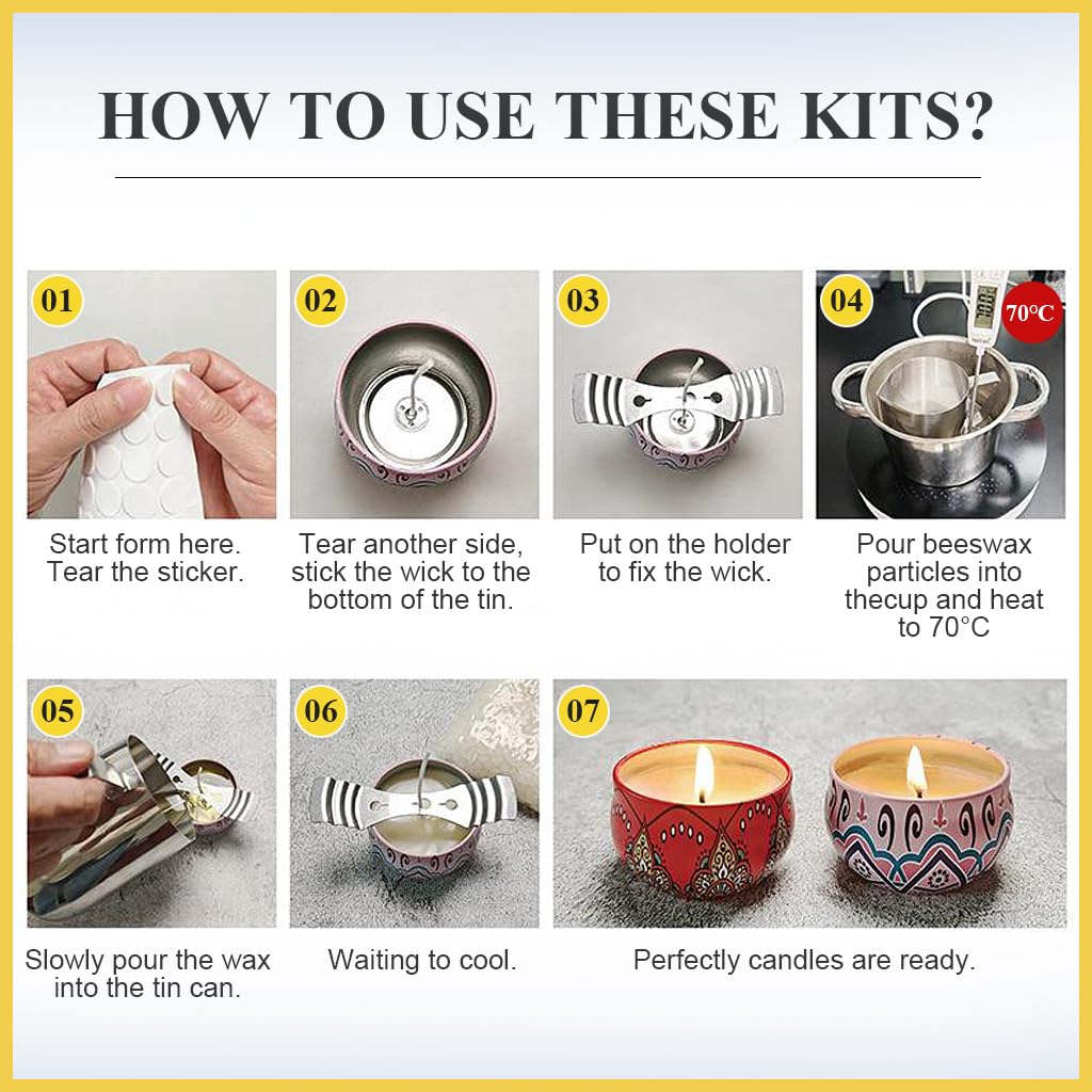 HASTHIP DIY Jar Candle Making Kit for Beginners featuring 8 Mandala Print Tin Jars 2.2 oz | Natural Soy Wax with Wicks and Stainless Steel Jug