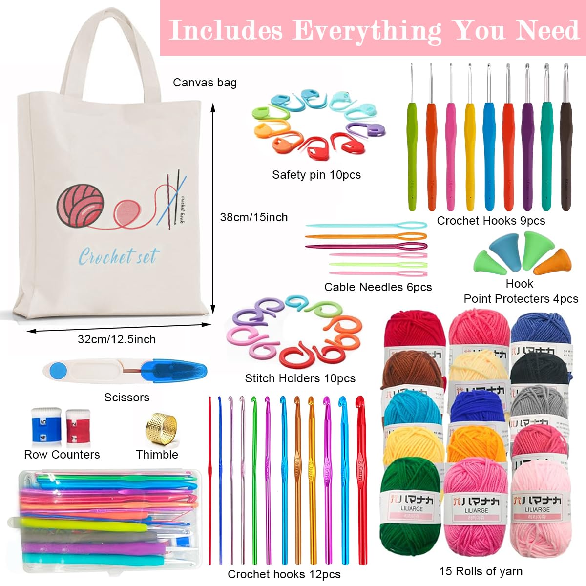 HASTHIP Crochet Kit for Beginners with 72 pcs Metal Hooks and Colorful Yarn | Includes Canvas Tote Bag