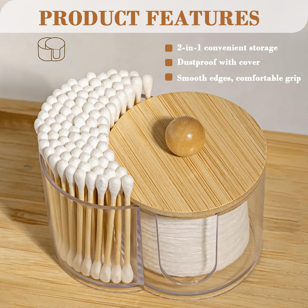 HASTHIP Cotton Swab Holder for Bathroom and Vanity featuring 2 in 1 Clear Organizer Box with Wooden Lid
