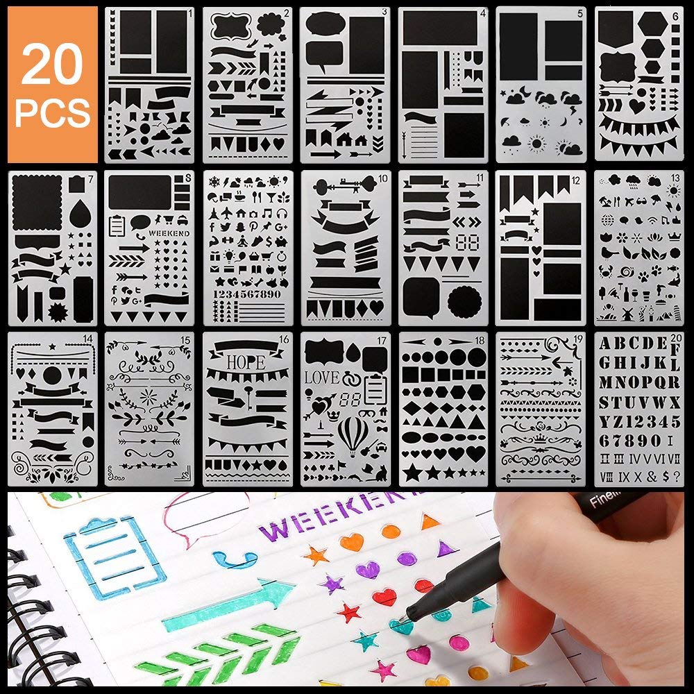 20 PCS Journal Stencil Plastic Planner Set for Journal, Notebook, Diary, Scrapbook, DIY Drawing Template, Journal Stencils 4x7 Inch