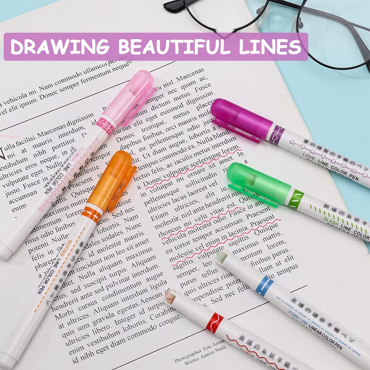 HASTHIP Curve Highlighter Pen Set for Scrapbook and Journals with Roller Tip | 6 Color Markers for Kids and Adults