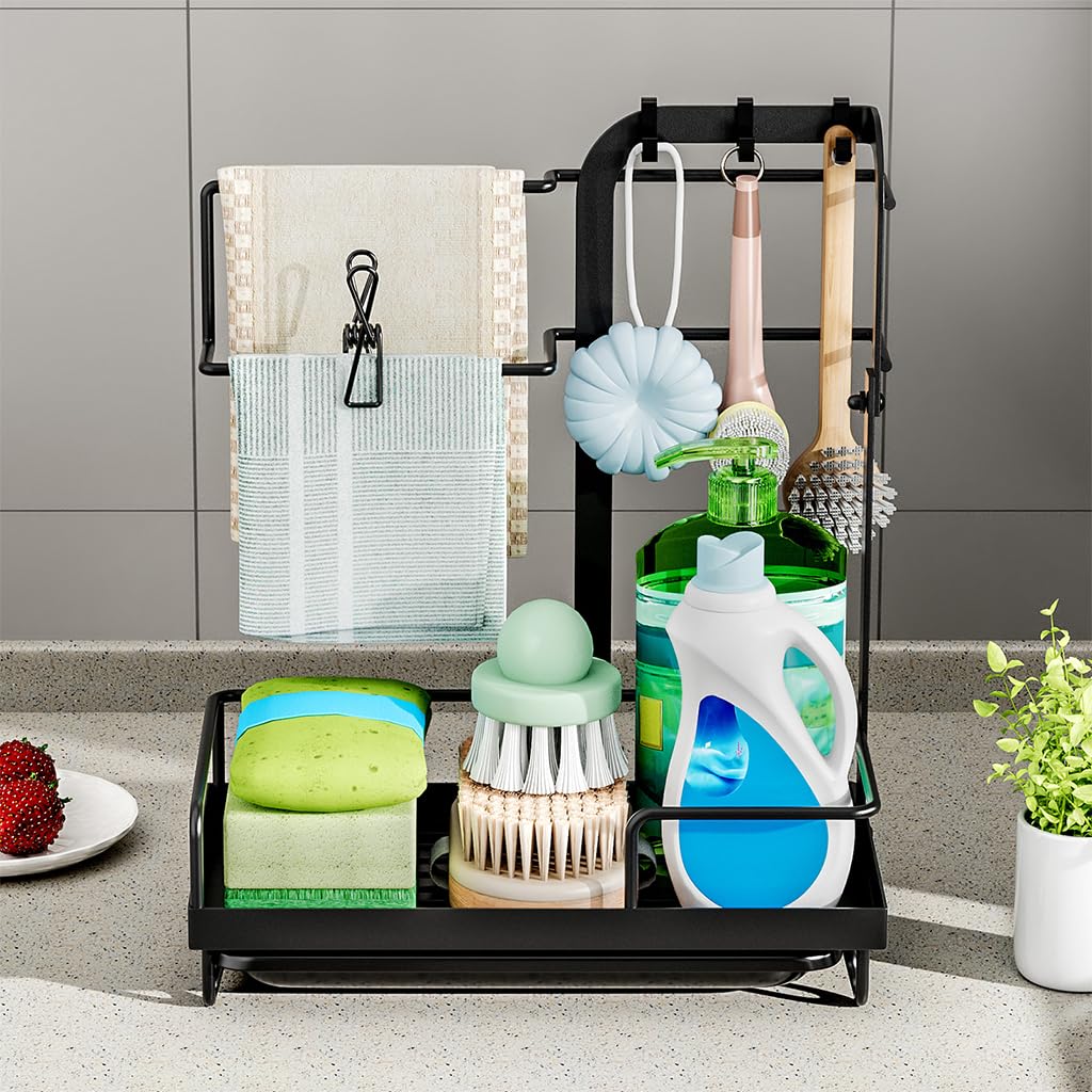 HASTHIP Kitchen Sink Organizer for Countertop with Drainage System and Removable Tray | 10×6×13.7 in Black Sponge Holder with Hooks