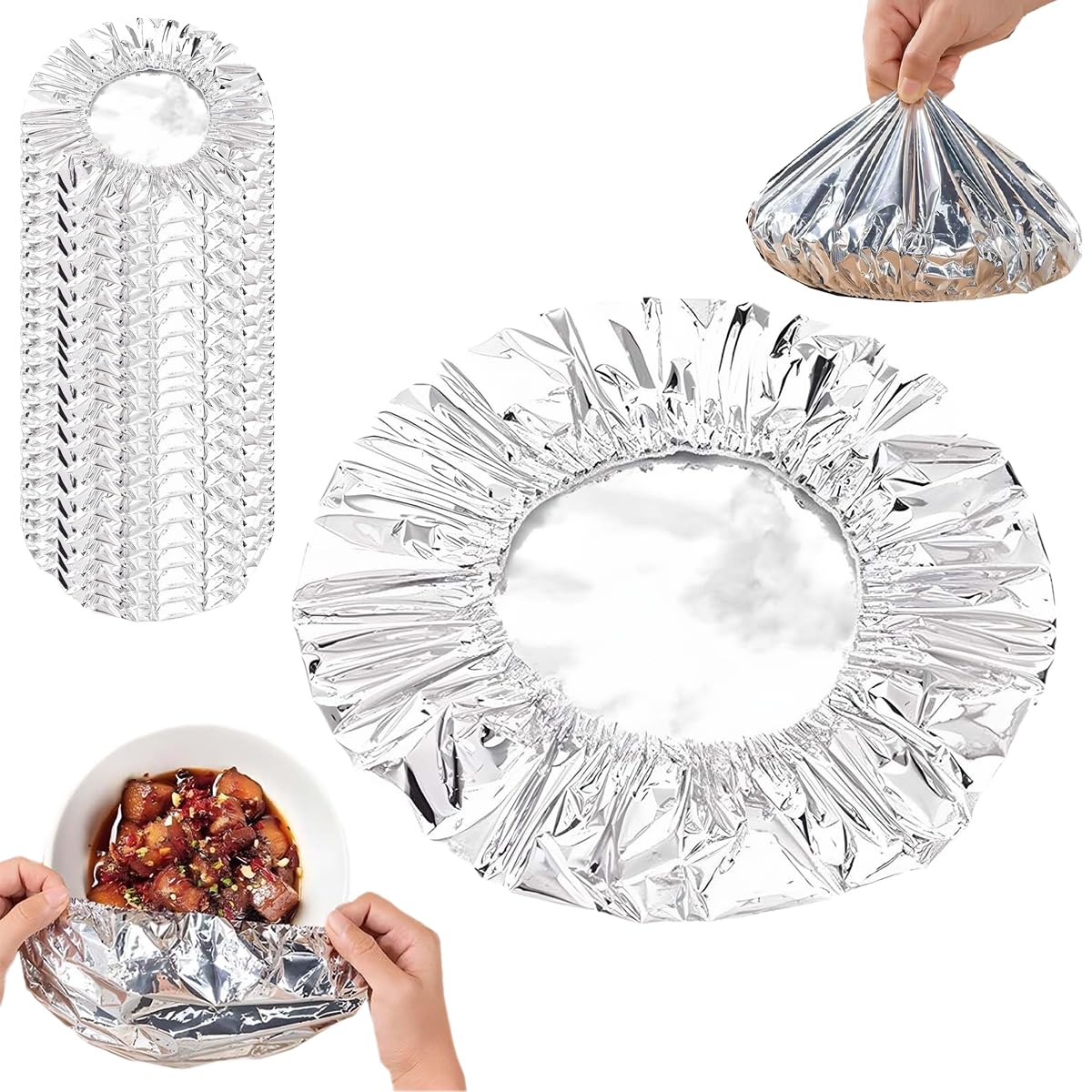 HASTHIP® 20 Pack Reusable Aluminum Foil Food Covers – Stretchable Insulating Bowl and Plate Lids, Heat Retention Dish Covers for Kitchen, Outdoor Picnic, Food Storage, Silver