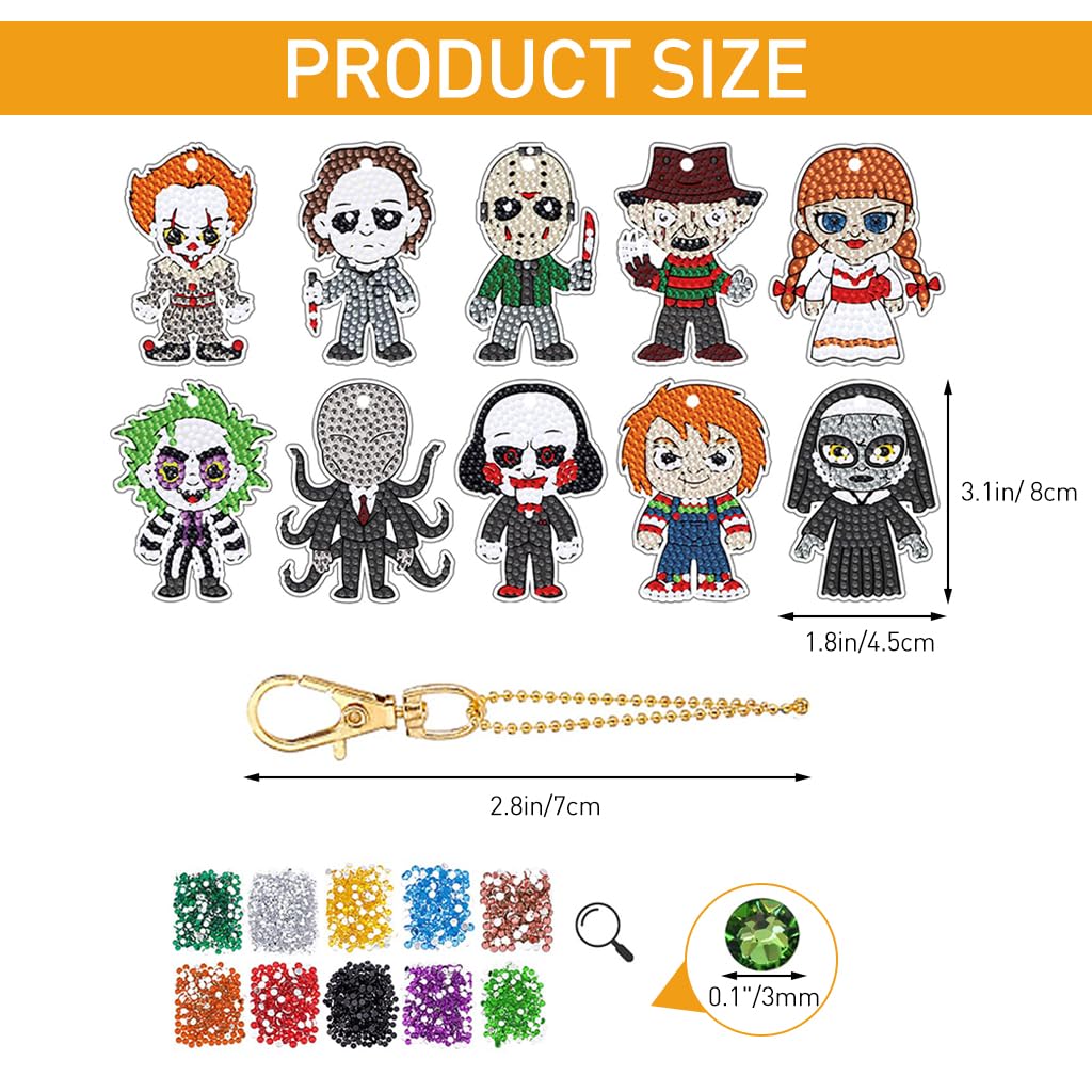 HASTHIP® 10Pcs DIY Diamond Painting Keychain Kit for Kids & Adults, Halloween Mosaic Art Craft Kit, Acrylic Charms with Resin Beads, Arts and Crafts Gift, Gem Art Party Favors, Festive Decor