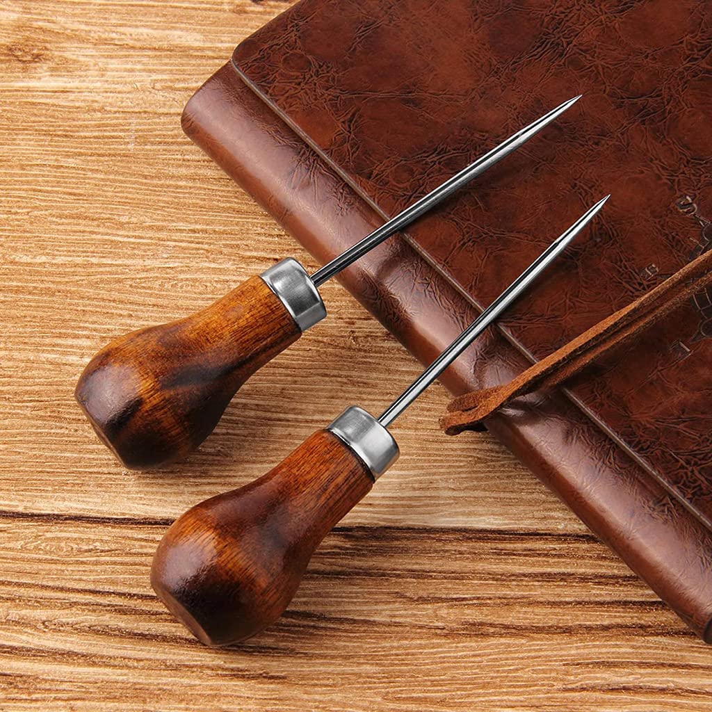 4 Pcs Awl Tool Needles Sewing Awl Hand Stitcher Gourd Shape Leather Craft Cloth Wooden Handle Scratch Awl Tool Pin Punching for Canvas Leather Pouch Hole DIY Shoes Repair