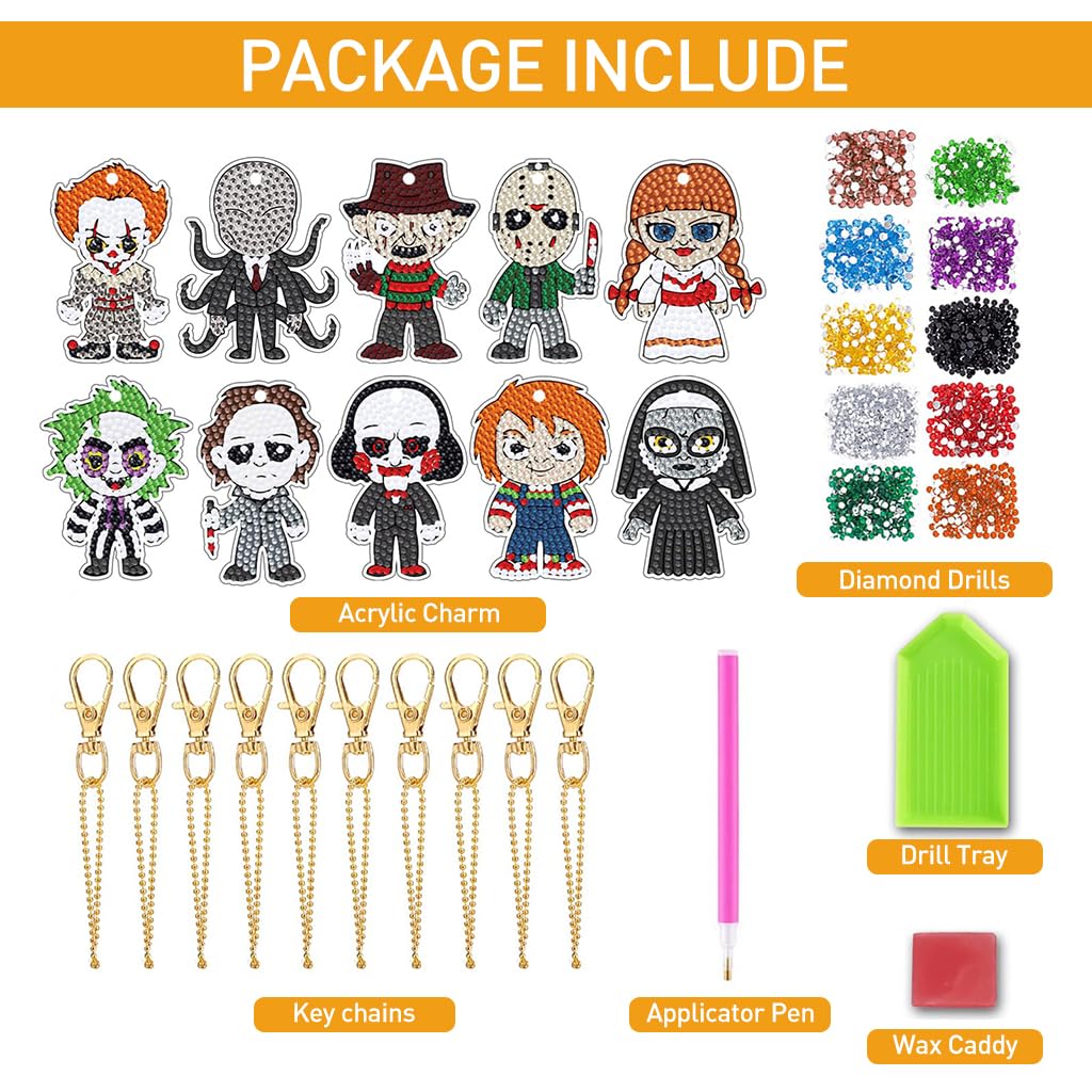 HASTHIP® 10Pcs DIY Diamond Painting Keychain Kit for Kids & Adults, Halloween Mosaic Art Craft Kit, Acrylic Charms with Resin Beads, Arts and Crafts Gift, Gem Art Party Favors, Festive Decor