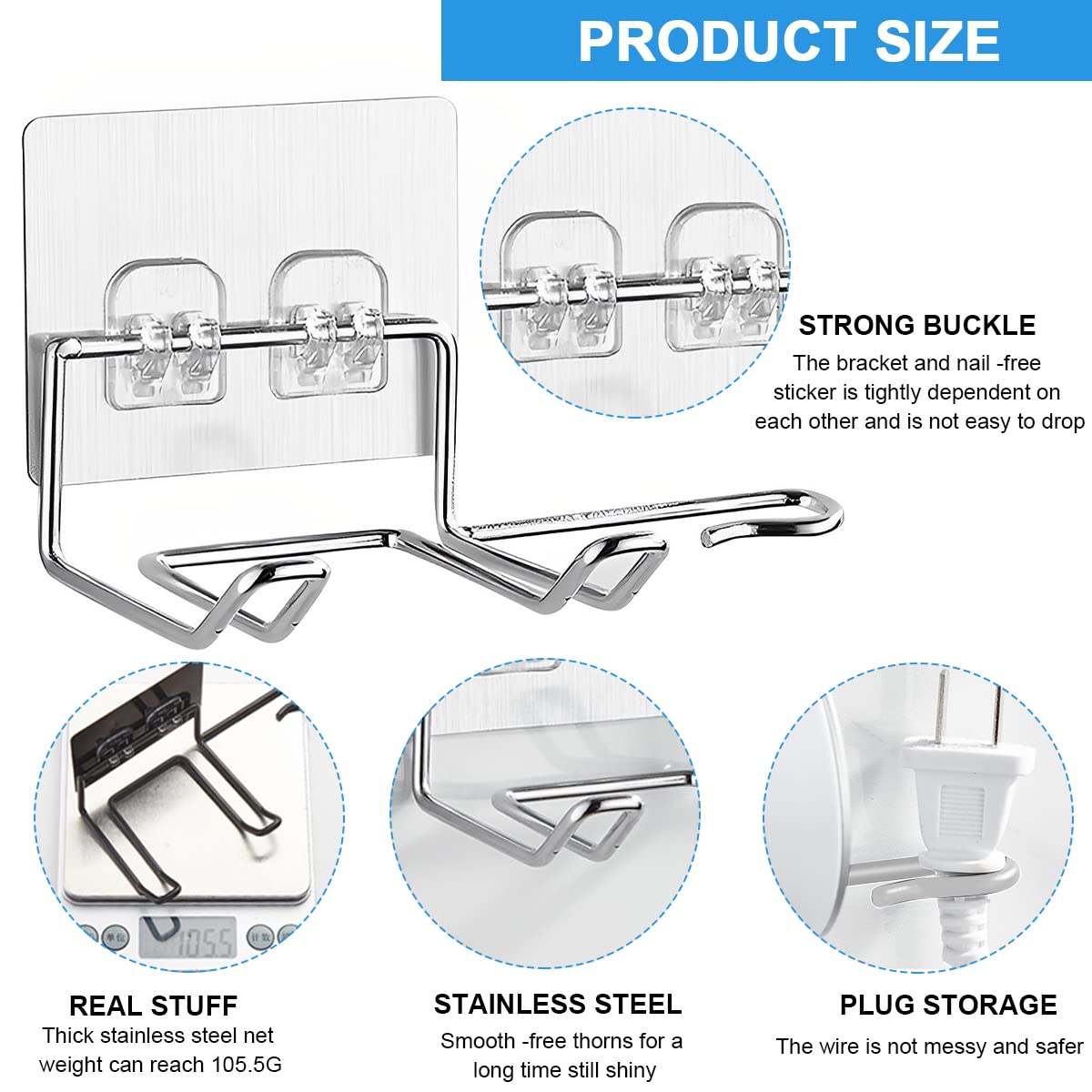 HASTHIP Hair Dryer Holder for Bathroom Organization with Self Adhesive Mount | Stainless Steel Silver Rack