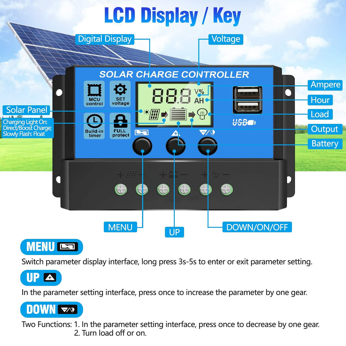 10A 12V 24V ABS Solar Panel Charger Controller Battery Regulator Dual USB LCD Display