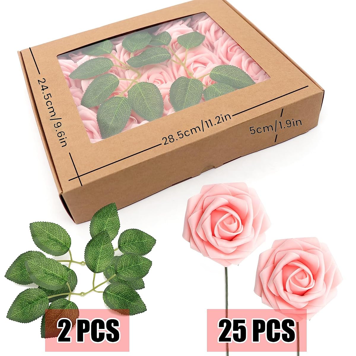 HASTHIP Artificial Roses Box Set for Wedding Bouquets and Home Décor | 25pcs Foam Pink Flowers with Stems