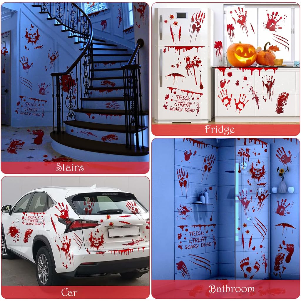 HASTHIP Halloween Horror Decals for Haunted House with 9 Sheets 95 Pcs PVC Stickers | Scary Red Handprint and Footprint Decor