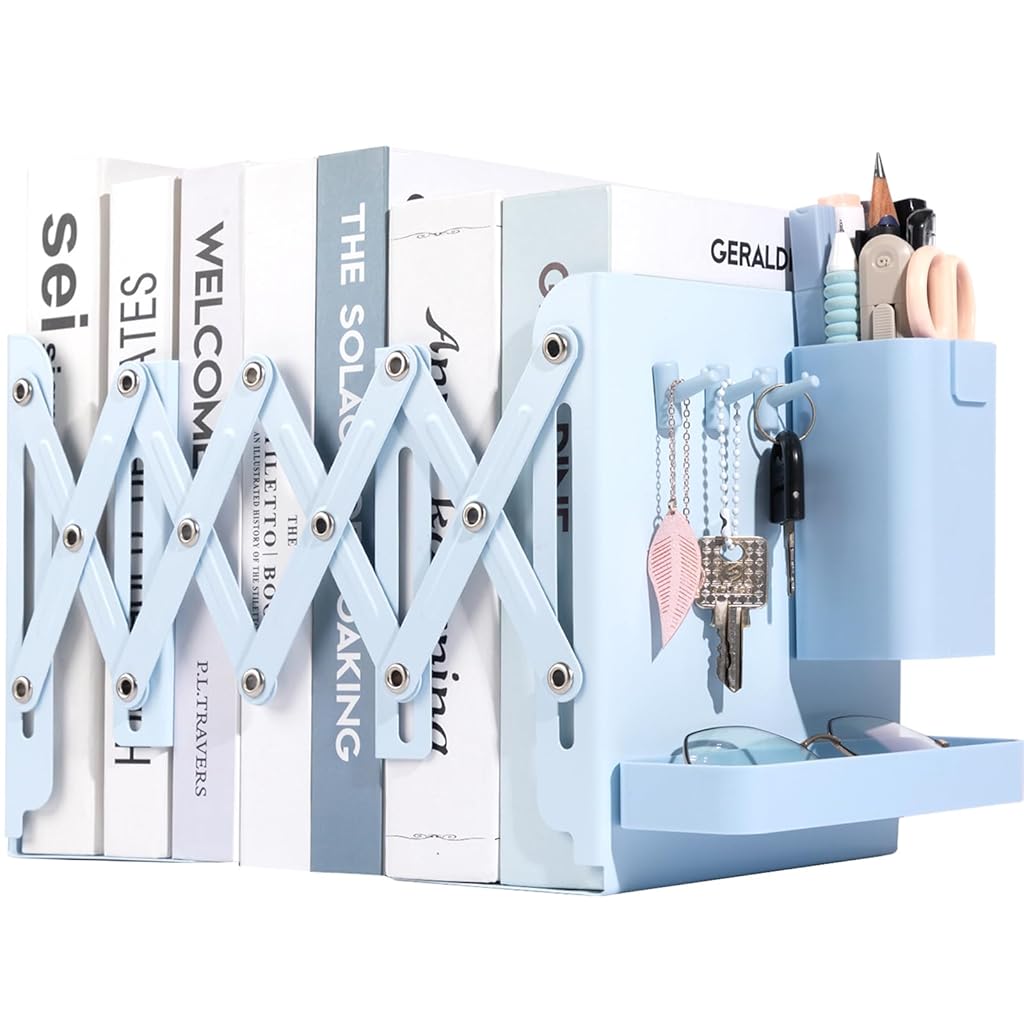 HASTHIP® Sujetalibros Ajustables de Metal 19", Bookends Resistentes para Libros Pesados con 2 Divisores, Portabolígrafos Extraíble, Bandeja y 3 Ganchos, Organizador de Libros para Oficina,