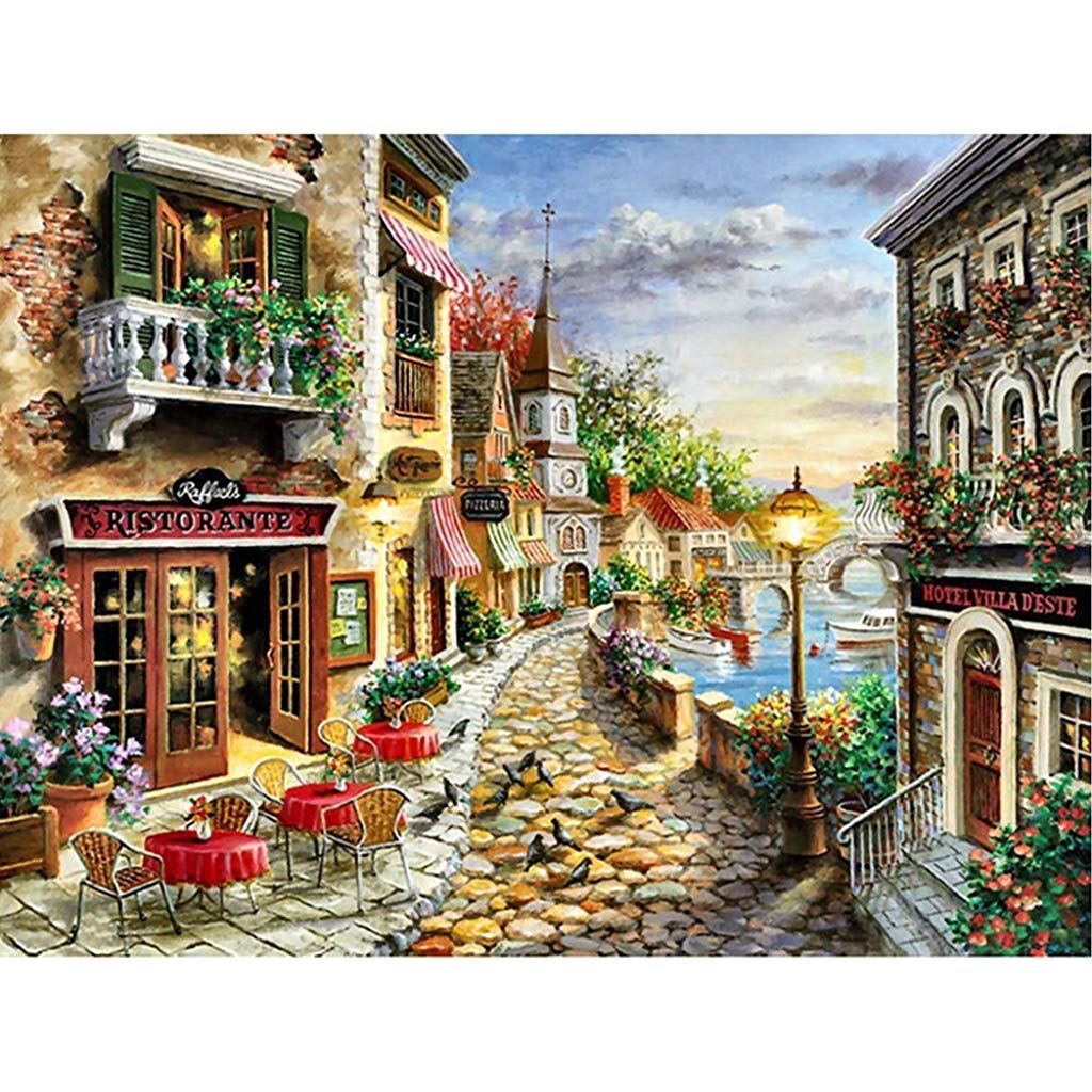 DIY 5D Diamond Painting Full Square Drill Kits Rhinestone Picture Art Craft for Home Wall Decor 12x16In Romantic Town