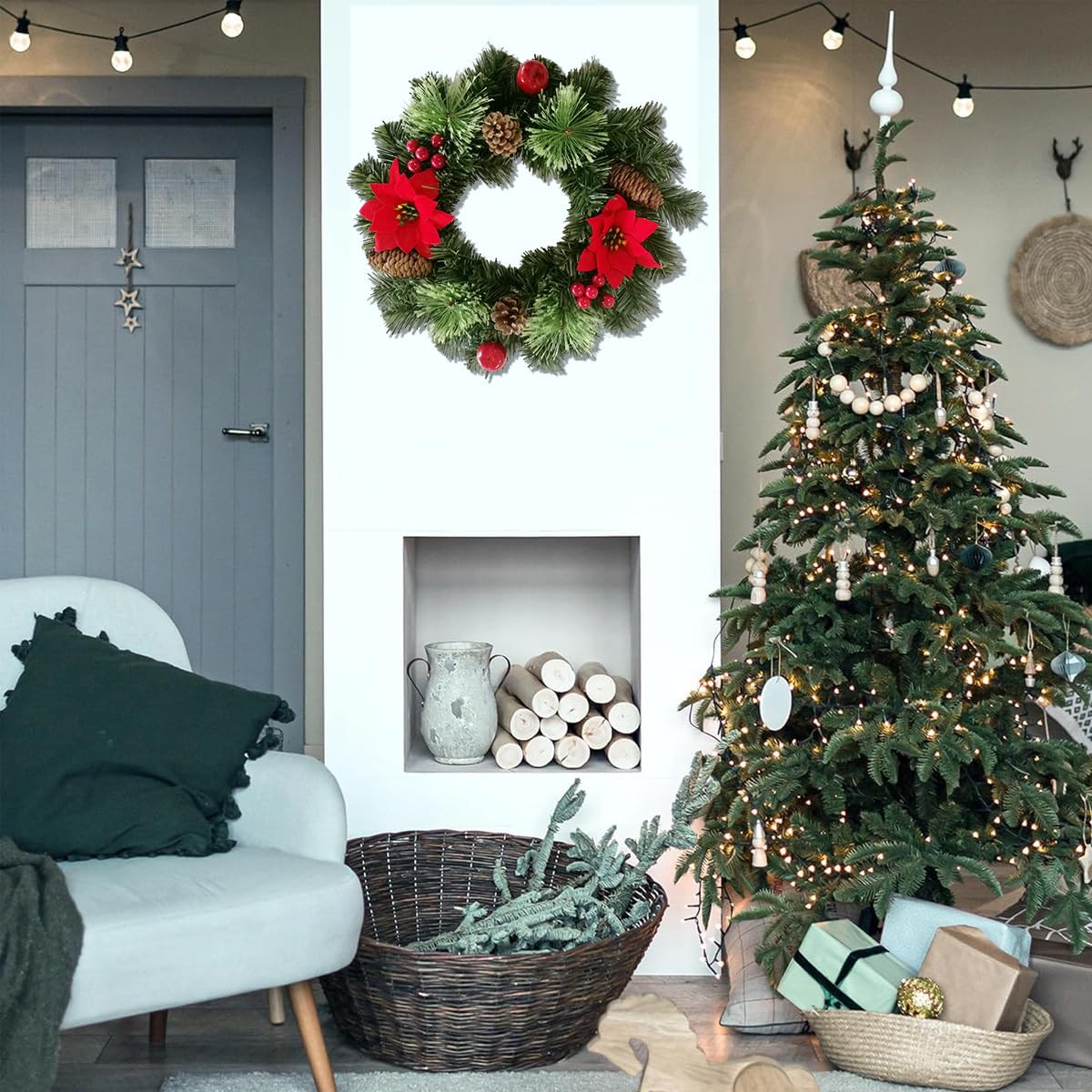 HASTHIP® 15.74 Inches Red Poinsettia Christmas Wreaths Decorative Door Hanging Ornament for Christmas Realistic Poinsettia Red Holly Pinecone Wreaths for Home Decor Wall Decor Christmas Tree Decor