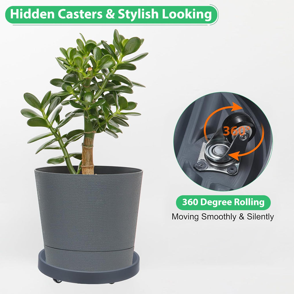 HASTHIP® Plant Caddy 28.3cm Dia Moving Plant Tray Flower Pot Stand with 4 Hidden Wheels, Grooved Surface Plant Caddy Planter Moving Tray