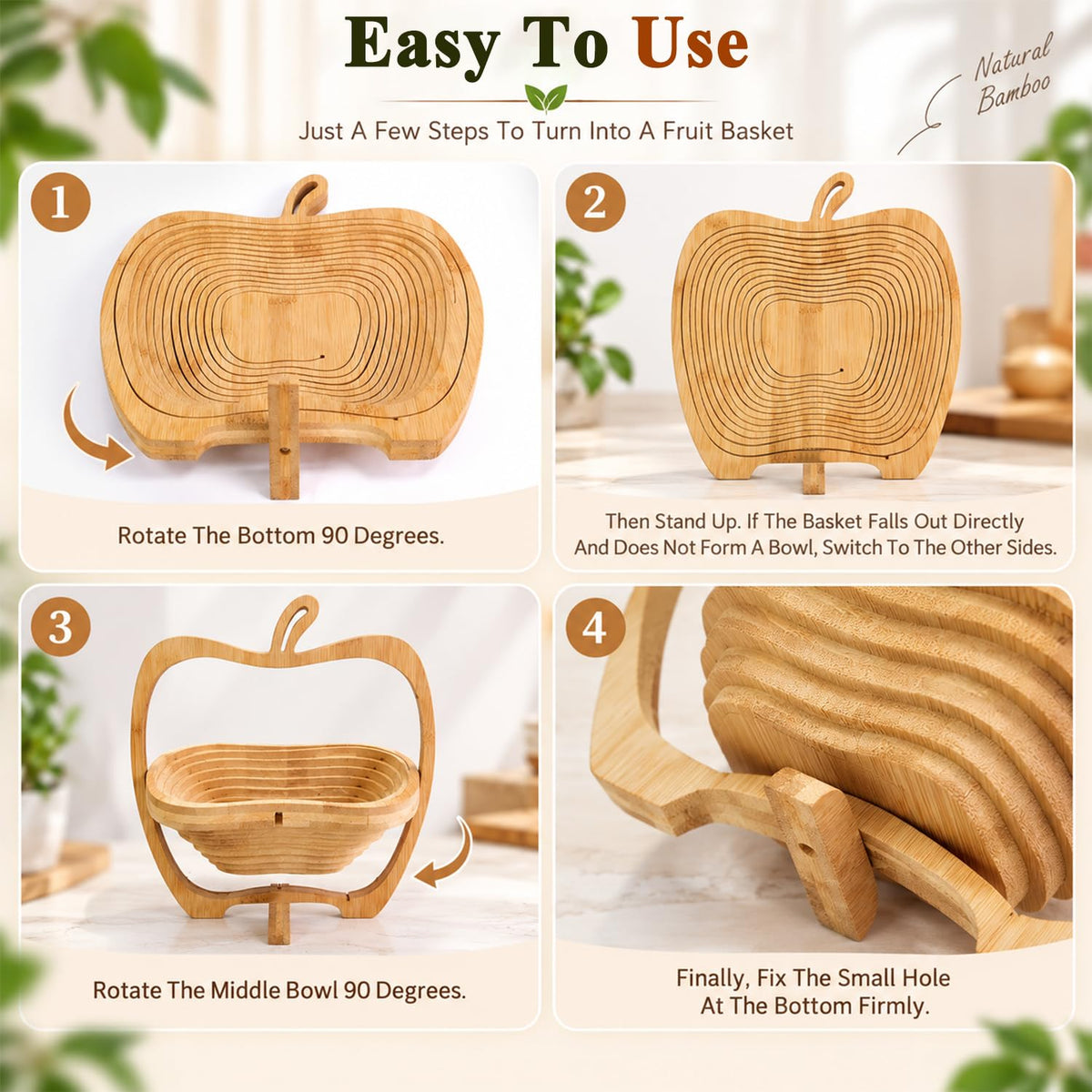 HASTHIP Foldable Bamboo Fruit Basket with Space-Saving Design and Stable Cross-Support Base