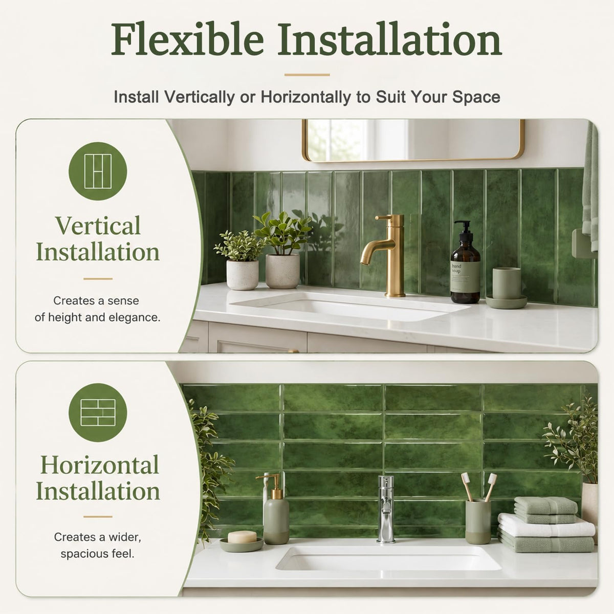 HASTHIP 10-Piece Green Peel-and-Stick Backsplash Tiles, Waterproof and Oil-Resistant