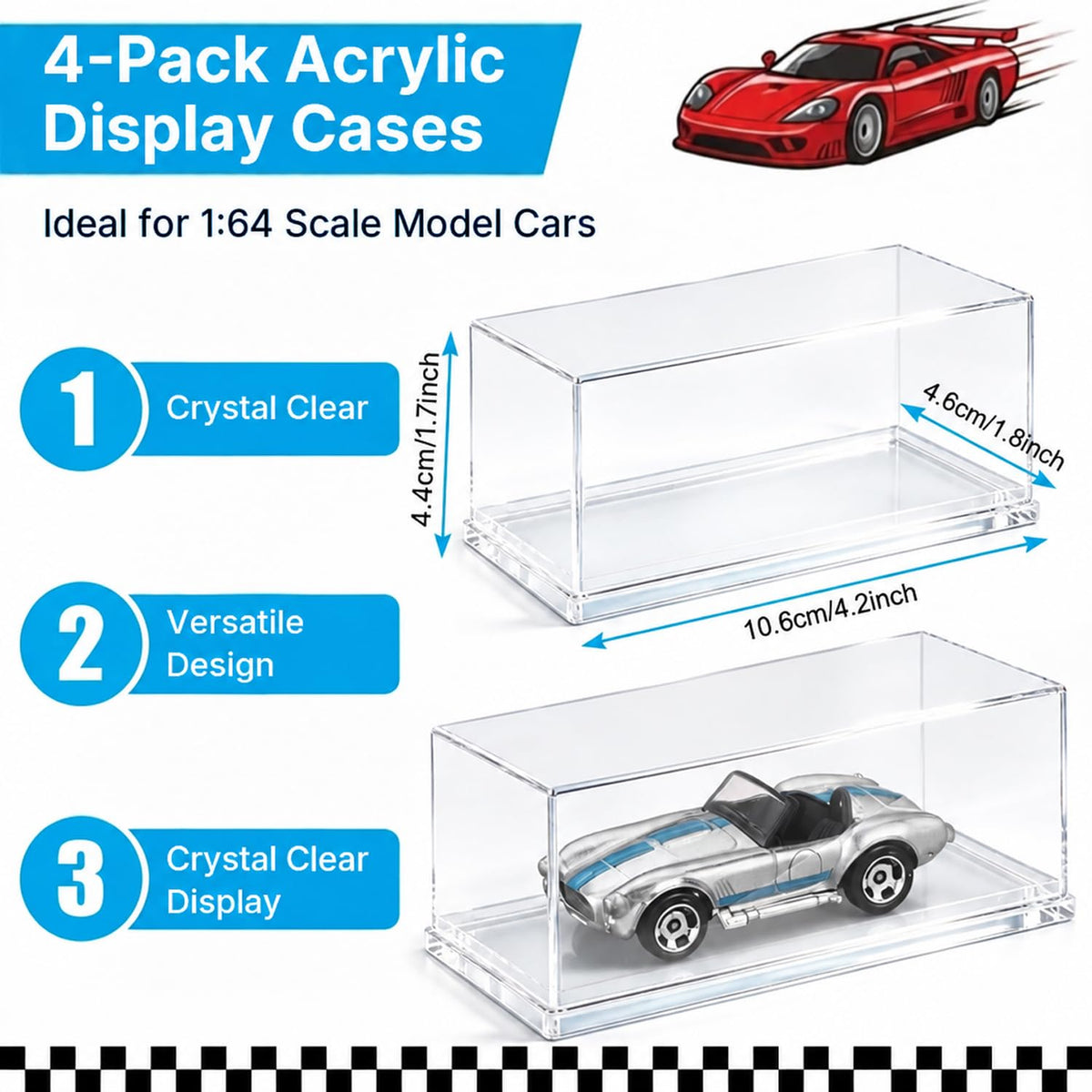 HASTHIP 1/64 Model Car Display Cases, 4 Clear Acrylic Boxes, Stackable with Rounded Edges