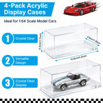 HASTHIP 1/64 Model Car Display Cases, 4 Clear Acrylic Boxes, Stackable with Rounded Edges