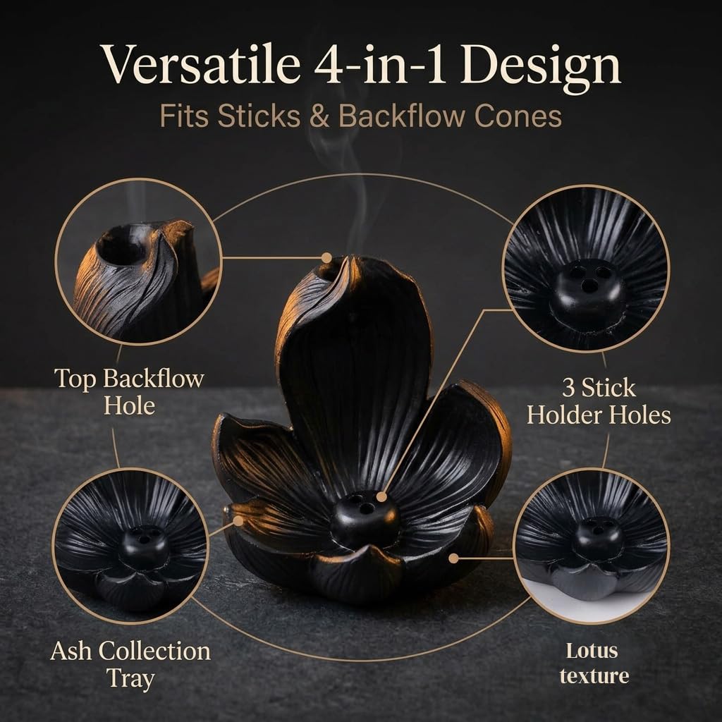HASTHIP 10cm Lotus Incense Burner, Black Resin 4-Hole Stick Holder with Backflow Effect