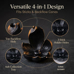 HASTHIP 10cm Lotus Incense Burner, Black Resin 4-Hole Stick Holder with Backflow Effect