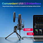 HASTHIP USB Condenser Microphone with RGB Lighting, Pop Filter and Tripod Stand for Streaming