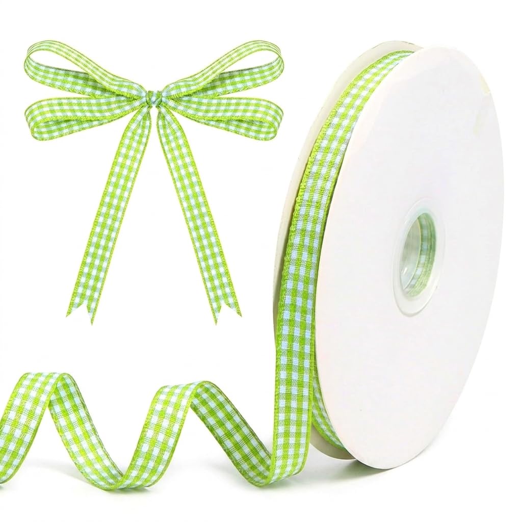 HASTHIP Sage Green Gingham Ribbon Set for Crafts, Gifts and Decorative Wrapping in Polyester