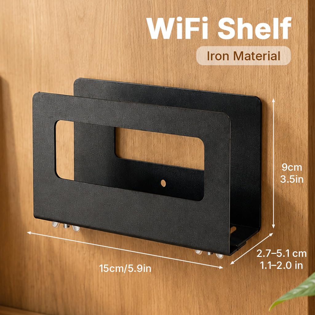 HASTHIP Adhesive Router Wall Shelf in Black Steel with Ventilation and Drill-Free Space-Saving Design