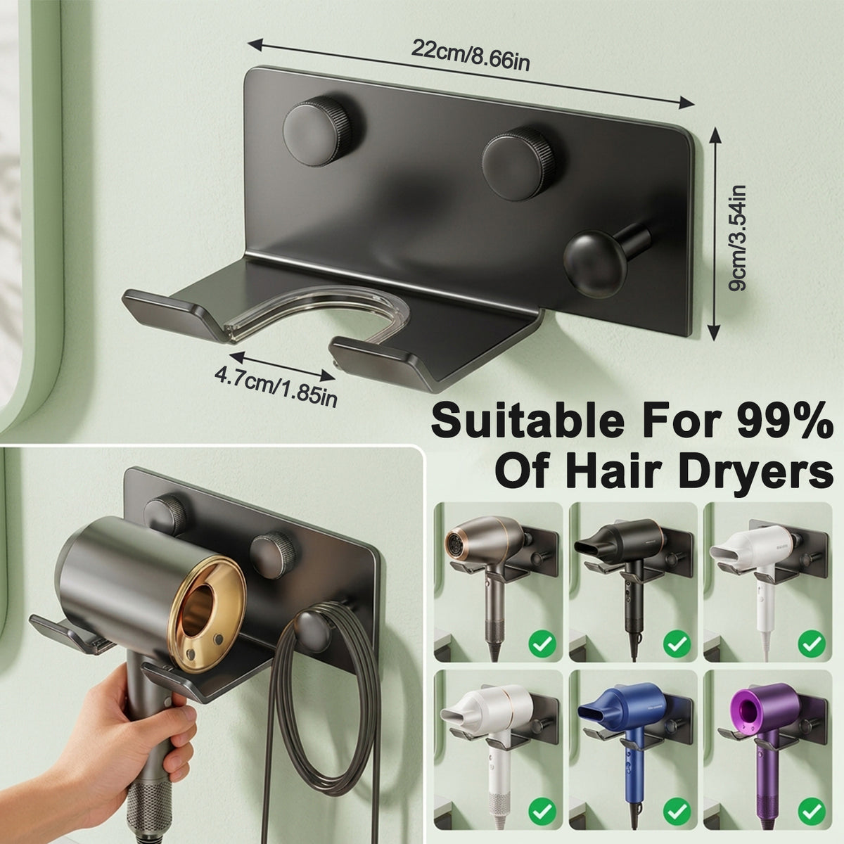 HASTHIP Wall-Mounted Hair Dryer Holder in Carbon Steel with U-Shaped Soft Rubber Support and Cord Hook