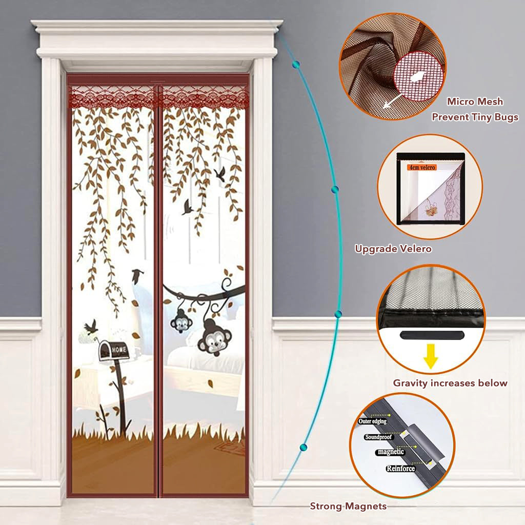 HASTHIP® Screen Door Mesh 39.37x 82.68 Inches Fashion Cartoon Mesh Screen Door Mosquito Proof Self Sealing Door Room Partition Screen Removable Hook and Loop Mesh Screen Door