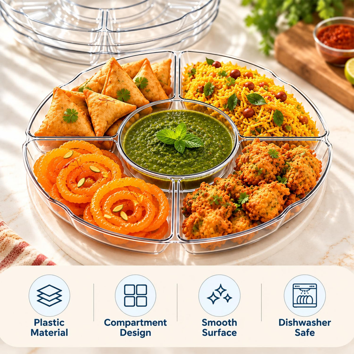 HASTHIP Clear Plastic Divided Serving Tray Set, 2 Pieces with Five Compartments and Drainage Holes