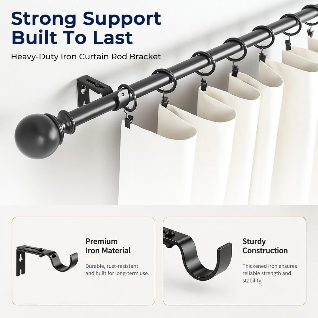 HASTHIP Adjustable Curtain Rod Brackets for 1 inch Rods, 3.5–4.5-Inch Reach, Black Finish