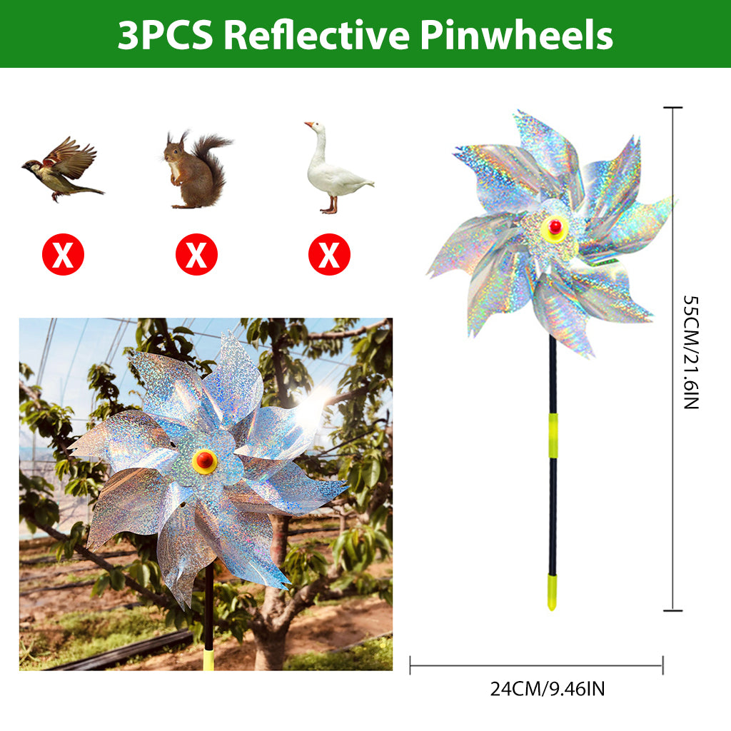 HASTHIP® 3Pcs Reflective Pinwheels & 5Pcs 11.8 inches Spiral Anti-bird Spiral Sticks Silver Holographic Pinwheels Decorative Shining Pinwheels for Lawn, Bush, Flowerbed, Tree, Orchard