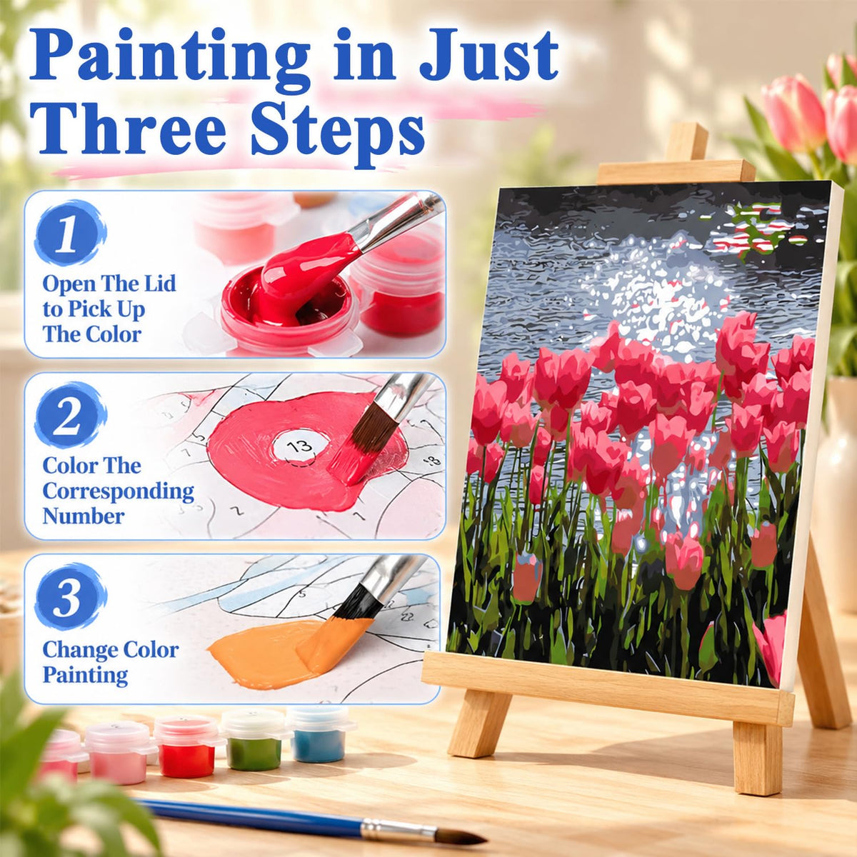 HASTHIP 40x50 cm Tulip Bouquet Paint by Numbers DIY Acrylic Canvas Kit for Adults and Children