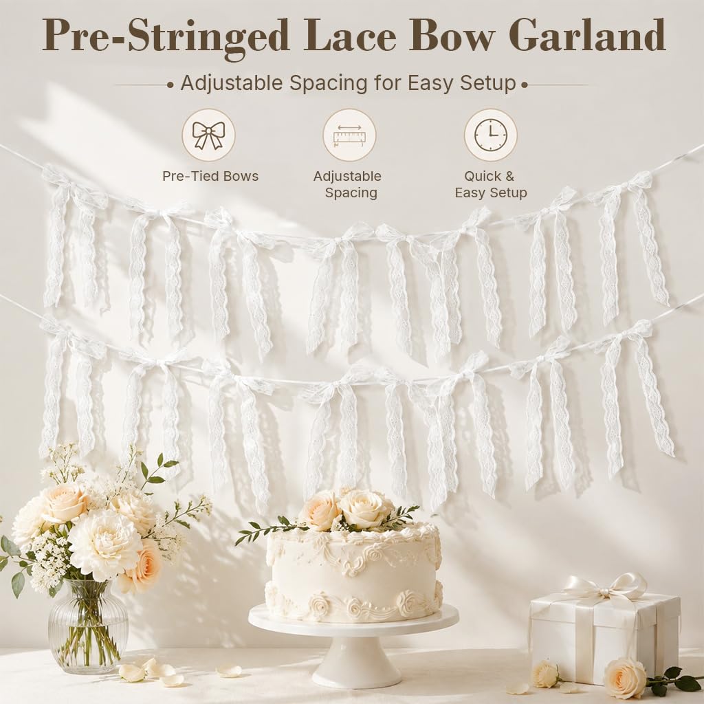 HASTHIP 2Pcs White Floral Lace Bow Garland Banners Hanging Decor with Removable Bows